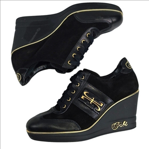 Fabi 8669 Italian Leather Suede Black & Gold Lace Up Wedge Sneaker Bootie